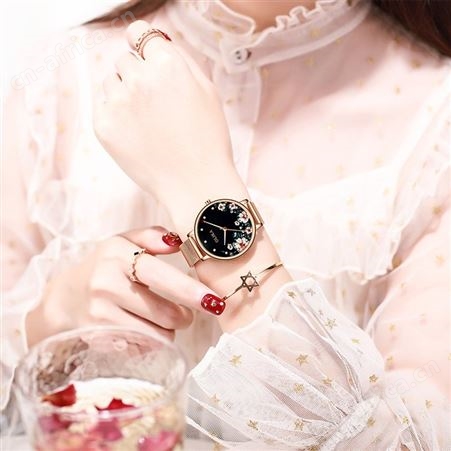 时尚防水精钢网带小清新石英表女山茶花女士手表